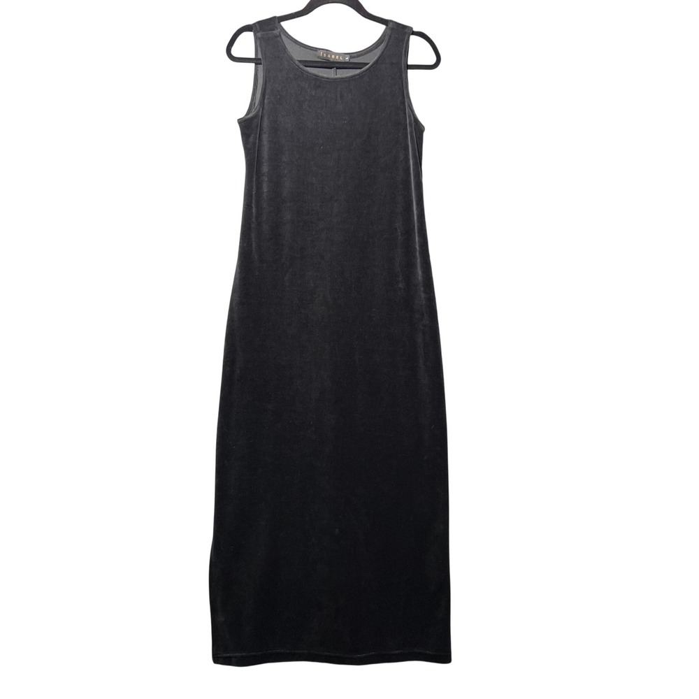 Vintage‎ 90s Isabel Black Velvet Sleeveless Maxi Dress Side Slit Size L USA